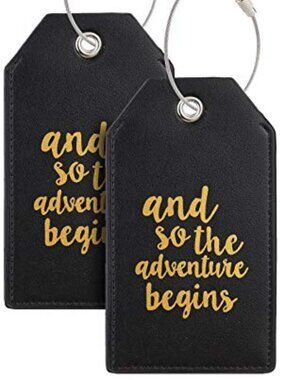 NEW BLACK Gold PU Leather AND SO THE ADVENTURE BEGINS Privacy Luggage Tags x 2